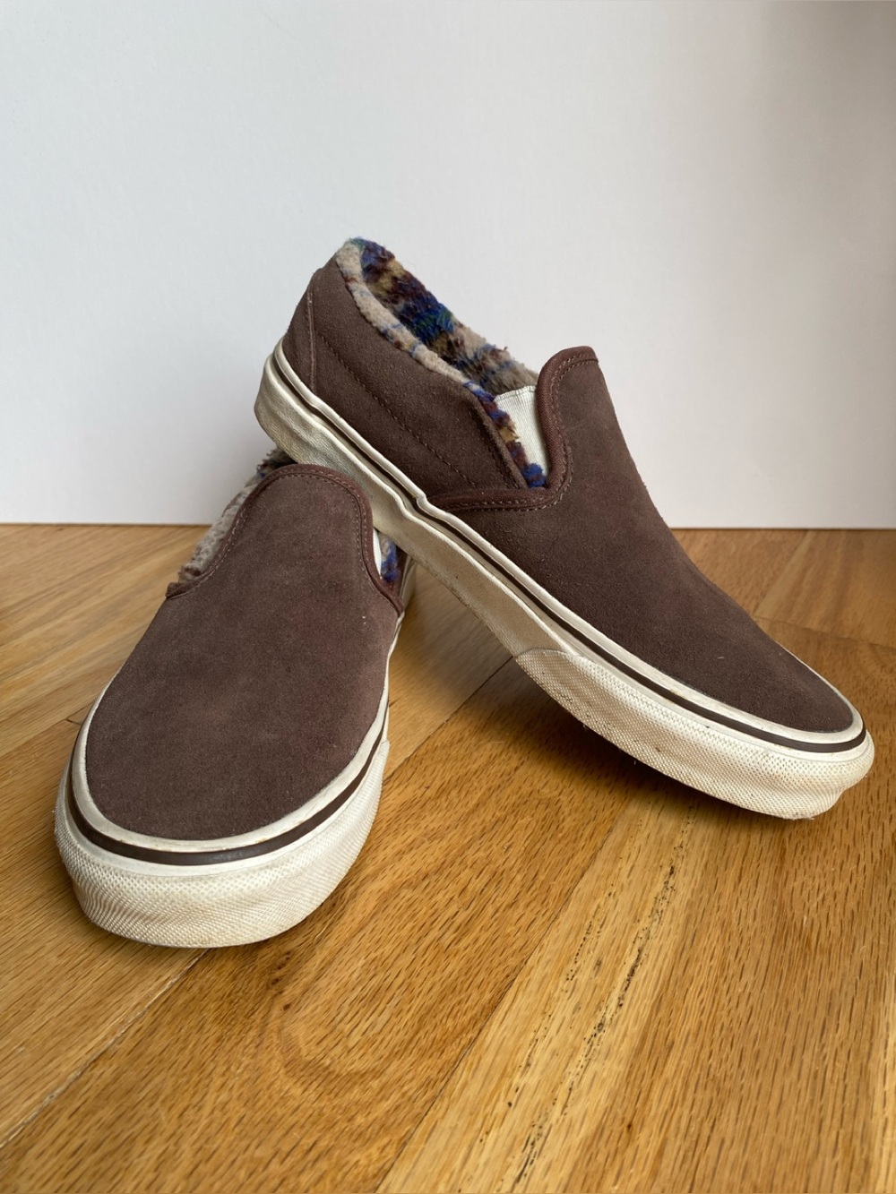 Vans Brown Suede Slip-On Loafers with Patterned Fleece Lining
